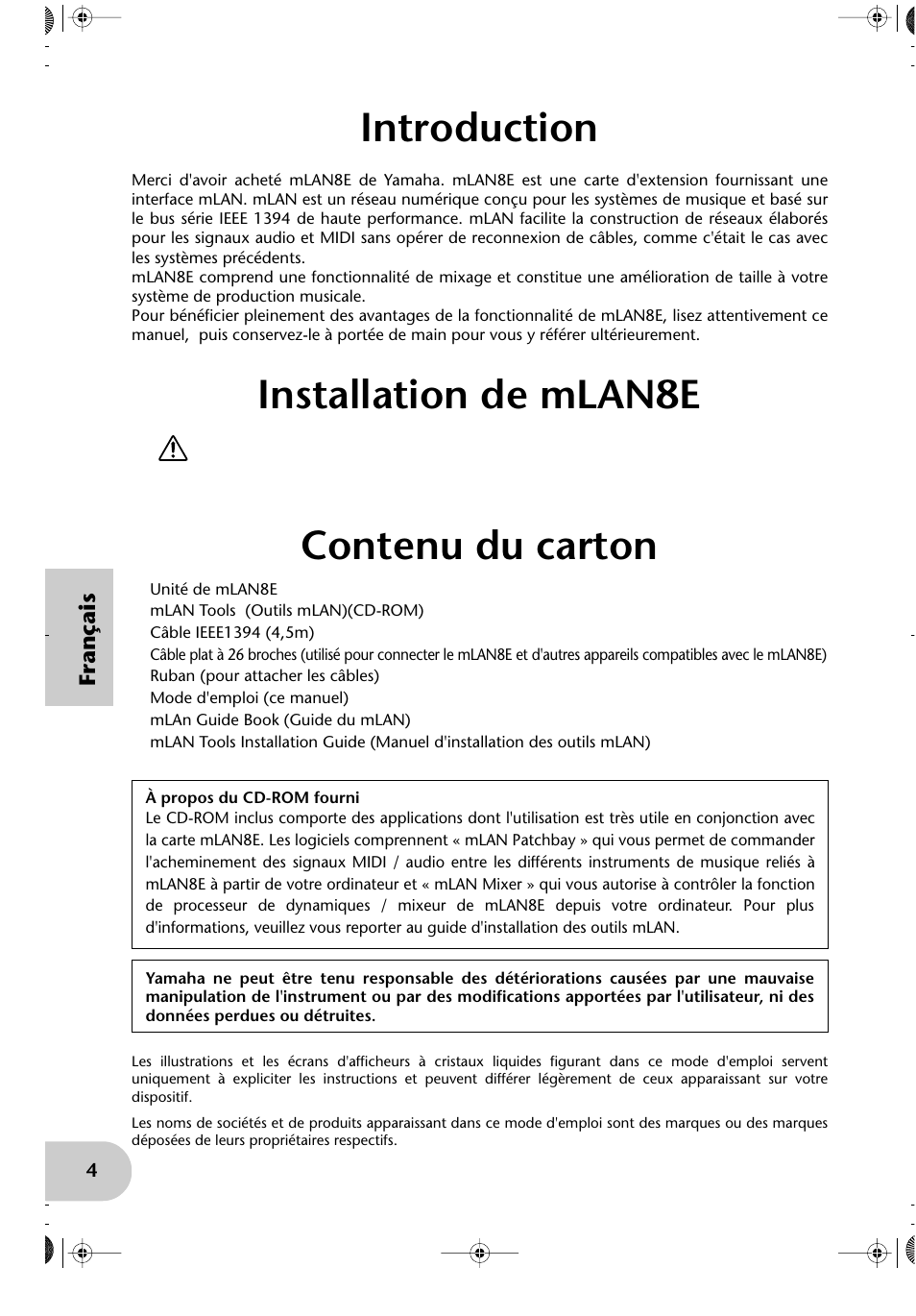 Introduction, Installation de mlan8e, Contenu du carton | Yamaha mLAN8E User Manual | Page 44 / 63