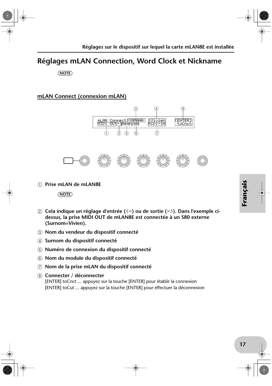 C nom du vendeur du dispositif connecté, D surnom du dispositif connecté, E numéro de connexion du dispositif connecté | G nom de la prise mlan du dispositif connecté, H connecter / déconnecter, Réglages mlan connection, word clock et nickname, Français | Yamaha mLAN8E User Manual | Page 57 / 63