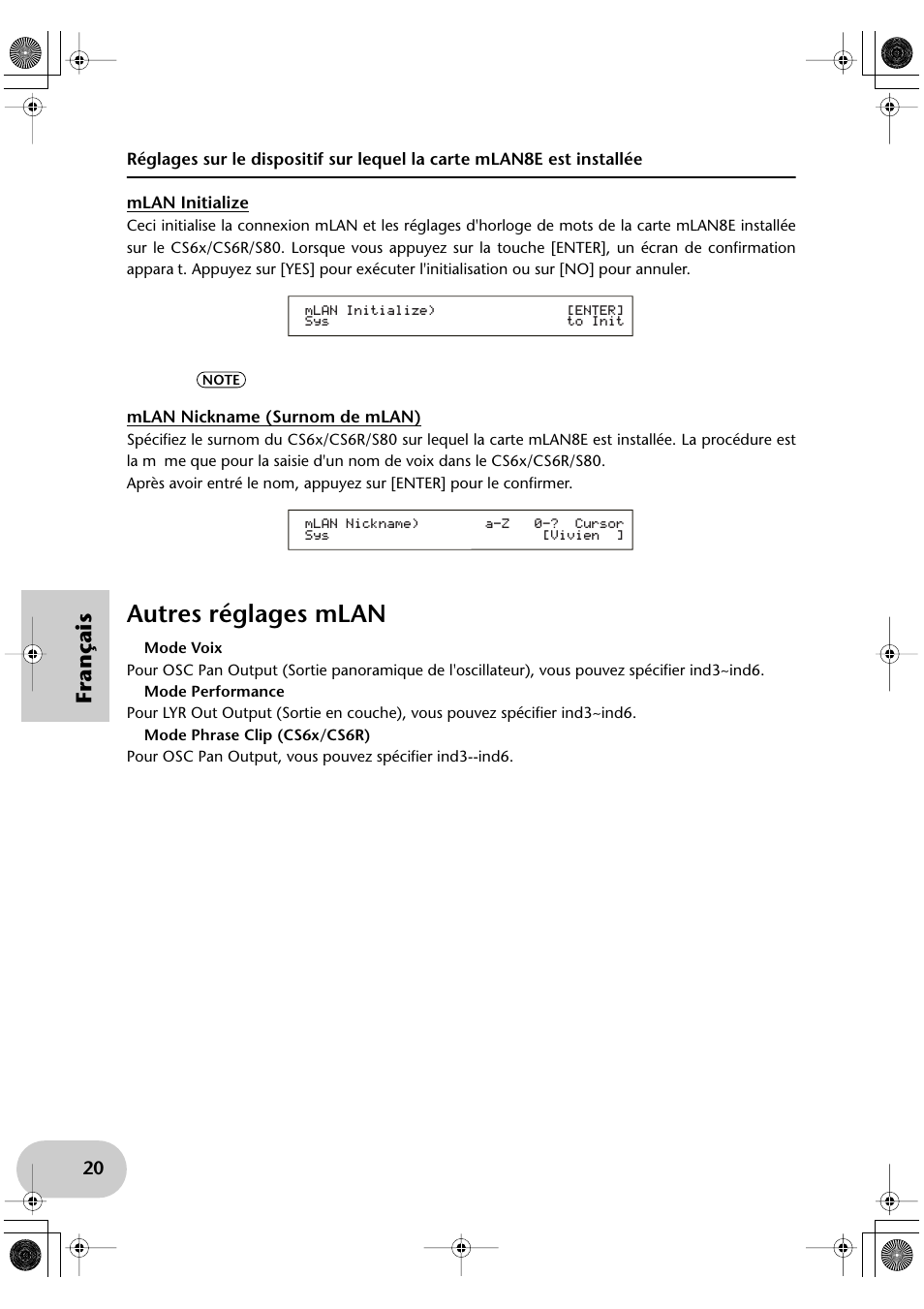 Autres réglages mlan, Français | Yamaha mLAN8E User Manual | Page 60 / 63