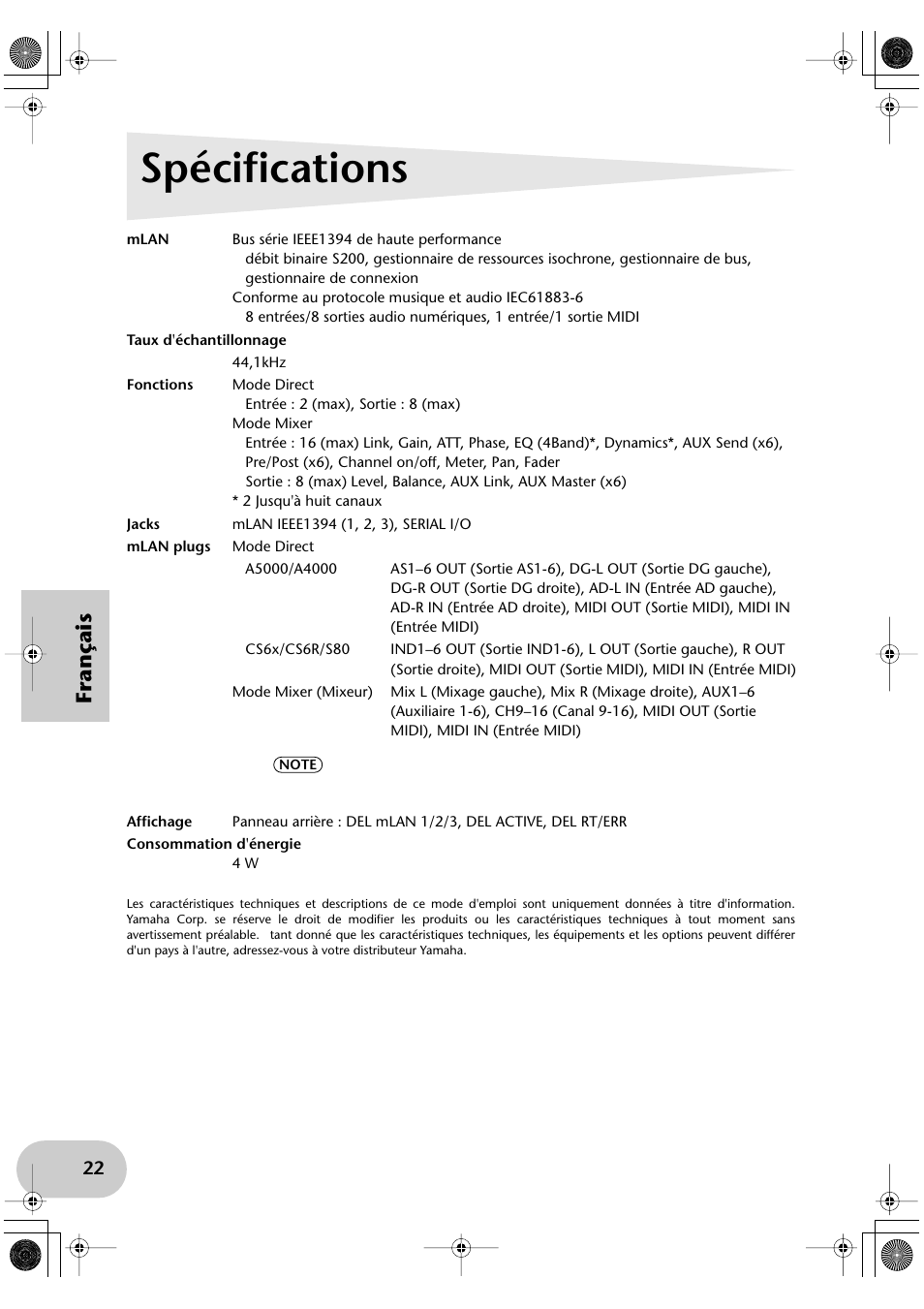 Spécifications, Français | Yamaha mLAN8E User Manual | Page 62 / 63