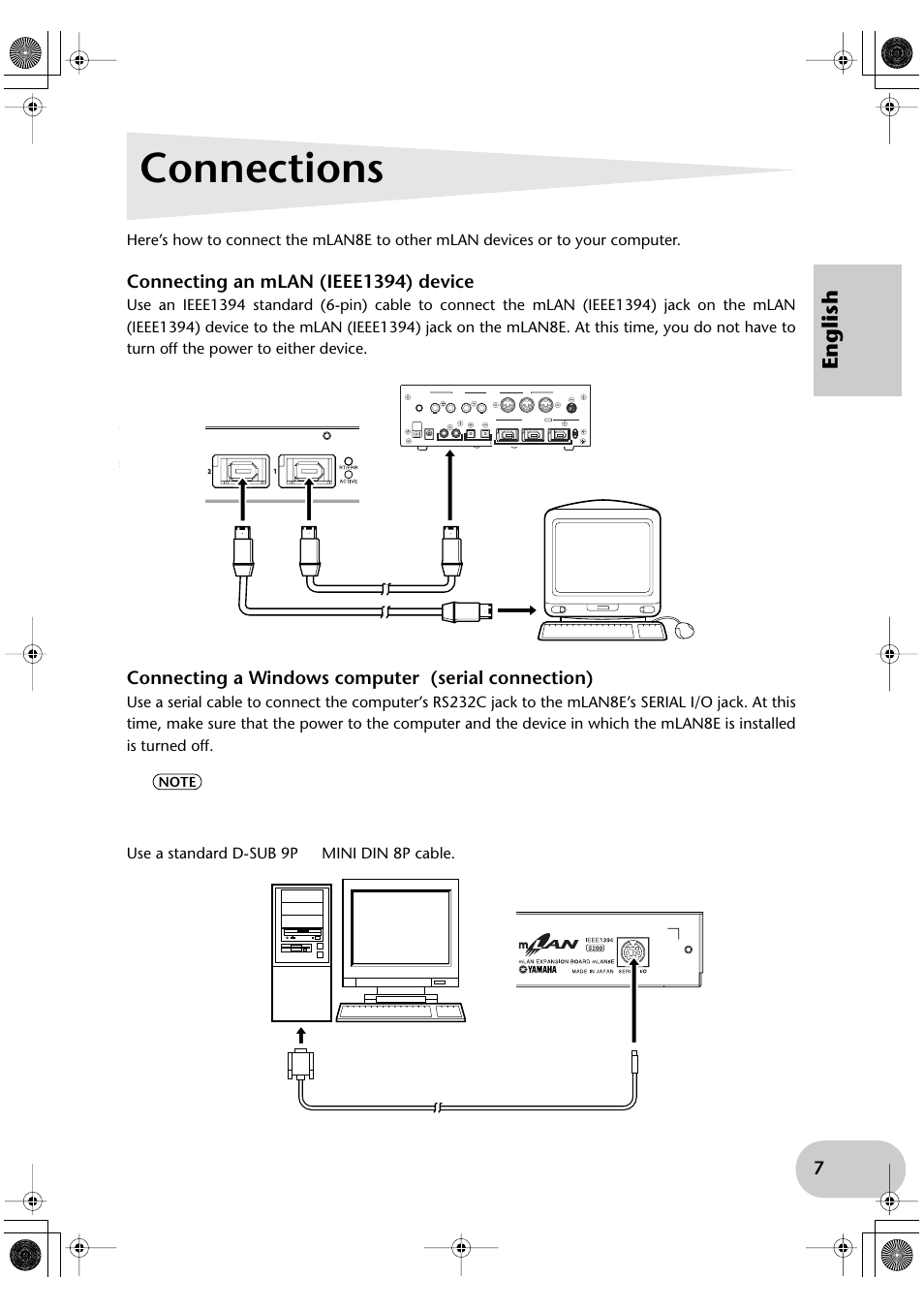 Connections, Connecting an mlan (ieee1394) device, Connecting a windows computer (serial connection) | English, Use a standard d-sub 9p → mini din 8p cable | Yamaha mLAN8E User Manual | Page 7 / 63