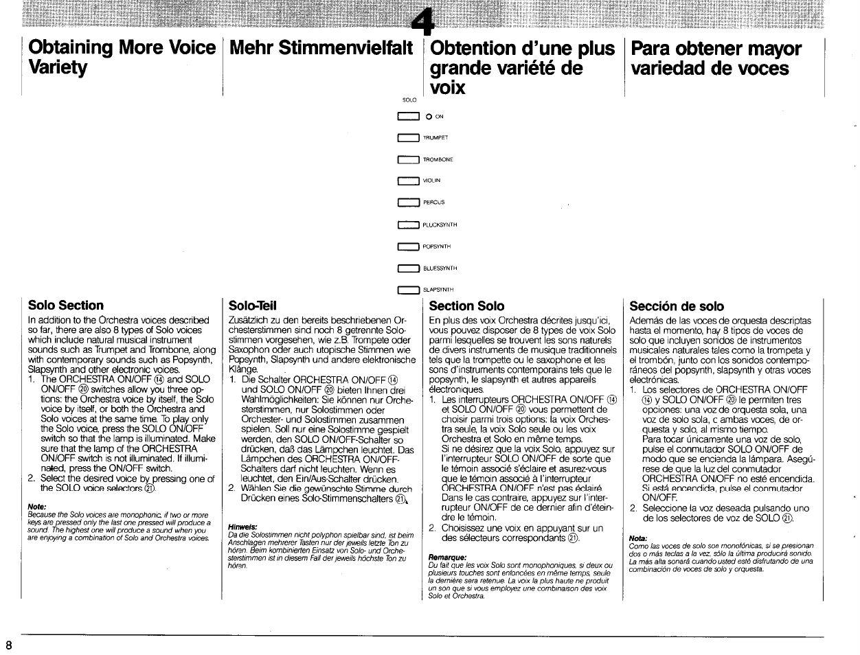 Obtaining more voice variety, Mehr stimmenvielfait, Obtention d’une pius grande variété de | Para obtener mayor variedad de voces, Solo section, Solo-teil, Section solo, Sección de solo, Solo section), Voix | Yamaha Portatone PSR-80 User Manual | Page 10 / 35