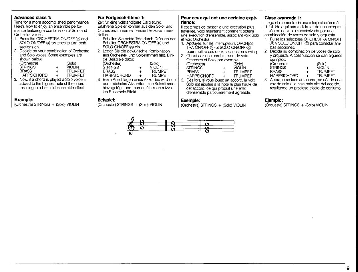 Advanced class 1, Example, Für fortgeschrittene 1 | Beispiel, Pour ceux qui ont une certaine expérience, Exempie, Ciase avanzada 1, Ejempio | Yamaha Portatone PSR-80 User Manual | Page 11 / 35