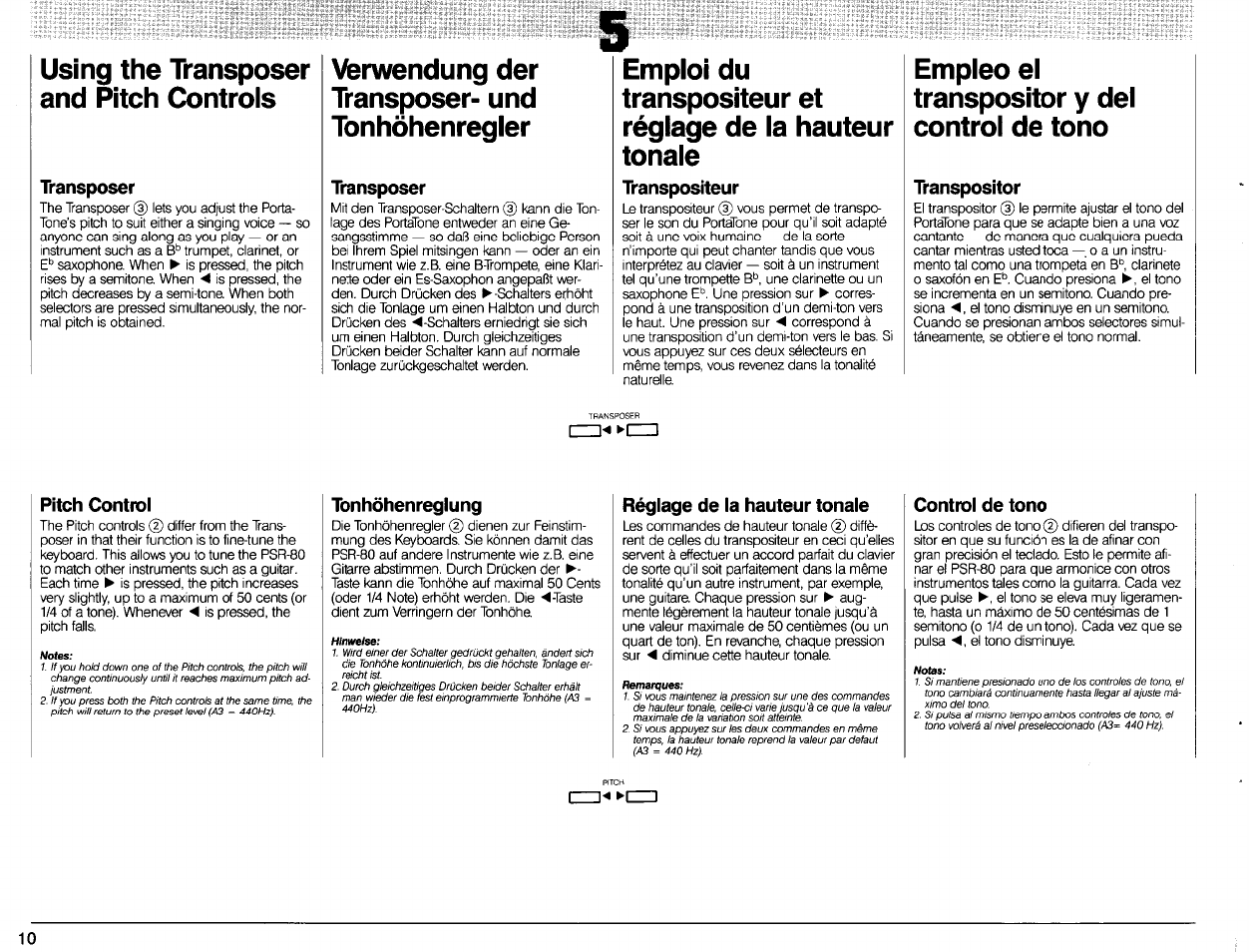 Transposer, Transpositeur, Transpositor | Pitch controi, Tonhöhenregiung, Réglage de la hauteur tonale, Control de tono, Zzi'« ►(zz, Pitch controls, De la hauteur tonale | Yamaha Portatone PSR-80 User Manual | Page 12 / 35