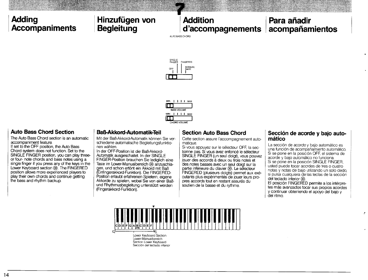 Baß-akkord-automatik-teil, Section auto bass chord, Baß-akkord-automatik-teil) | Section auto bass chord), Sección de acorde y bajo auto­ mático | Yamaha Portatone PSR-80 User Manual | Page 16 / 35