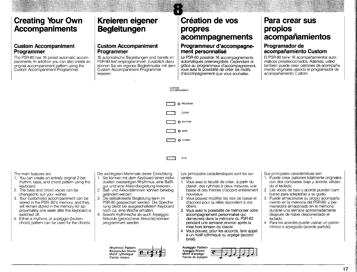 Creating your own accompaniments, Custom accompaniment programmer, Création de vos propres | Acommpagnements, Programmeur d’accompagnement personnalisé, Programador de acompañamiento custom, Kreieren eigener begleitungen, Création de vos propres acommpagnements, Para crear sus propios acompañamientos | Yamaha Portatone PSR-80 User Manual | Page 19 / 35