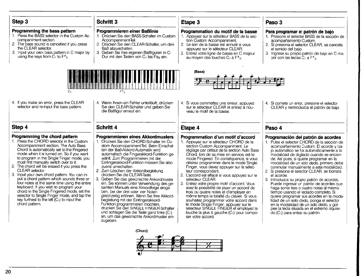 Programming the bass pattern, Programmieren einer bablinie, Programmation du motif de la basse | Para programar ei patrón de bajo, Programming the chord pattern, Schritt 4, Programmieren eines akkordmusters, Etape 4, Programmation d’un motif d’accord, Paso 4 | Yamaha Portatone PSR-80 User Manual | Page 22 / 35
