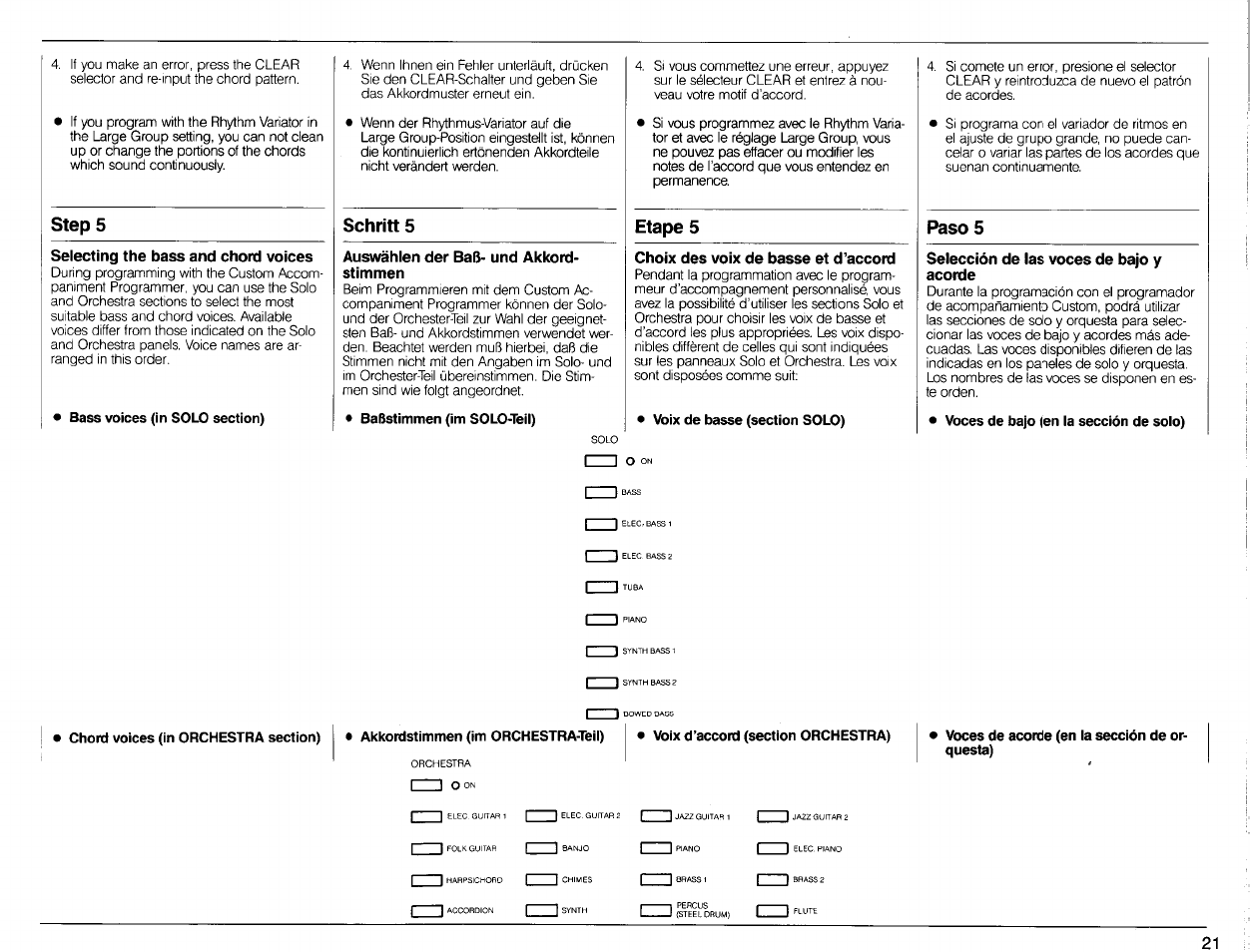 Step 5, Selecting the bass and chord voices, Schritt 5 | Auswahlen der baß- und akkord- stimmen, Etape 5, Choix des voix de basse et d'accord, Paso 5, Selección de las voces de bajo y acorde, Auswahlen der baß- und akkord | Yamaha Portatone PSR-80 User Manual | Page 23 / 35