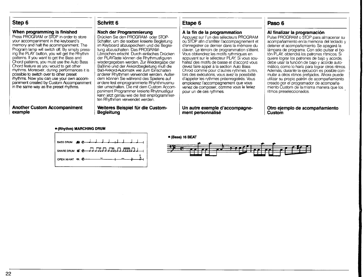 When programming is finished, Another custom accompaniment exampie, Nach der programmierung | Weiteres beispiel für die custom- begleitung, A la fin de la programmation, Un autre exemple d’accompagnement personnalisé, Ai finalizar la programación, Otro ejemplo de acompañamiento custom, Itri^ldlri-ц | Yamaha Portatone PSR-80 User Manual | Page 24 / 35