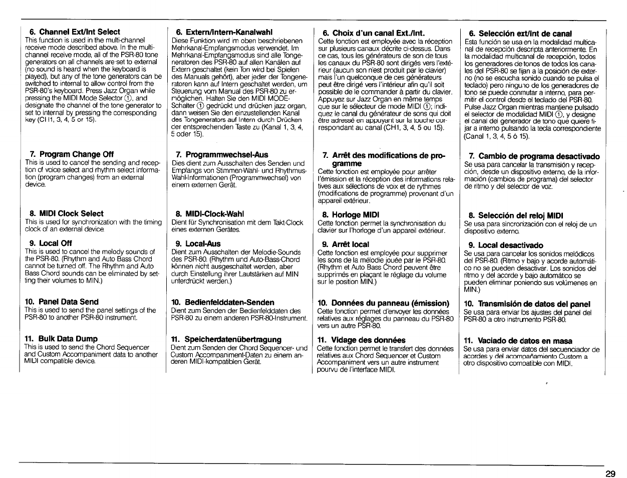 Channel ext/int select, Program change off, Midi clock select | Local off, Panel data send, Bulk data dump, Extern/intern-kanalwahl, Programmwechsel-aus, Midi-clock-wahl, Local-aus | Yamaha Portatone PSR-80 User Manual | Page 31 / 35
