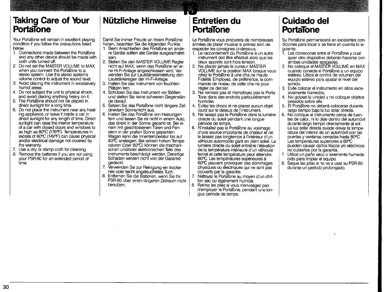 Taking care of \bur portatone, Nützliche hinweise, Entretien du portatone | Cuidado del portatone, Taking care of your portatone | Yamaha Portatone PSR-80 User Manual | Page 32 / 35