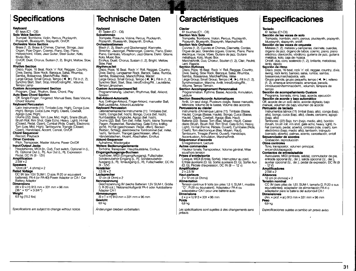 Specifications, Technische daten, Caractéristiques | Especificaciones | Yamaha Portatone PSR-80 User Manual | Page 33 / 35