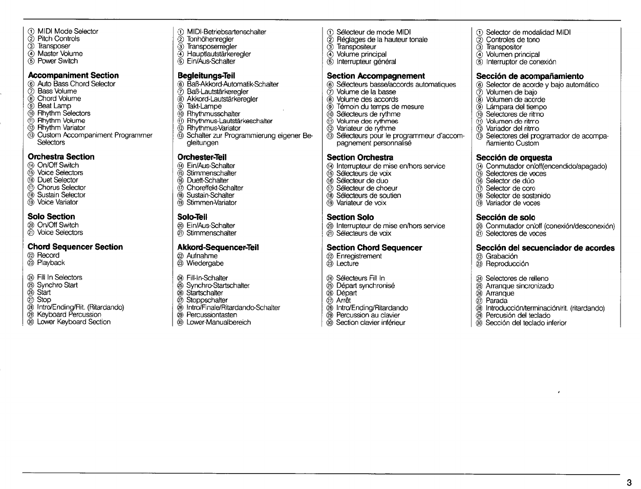 Accompaniment section, Orchestra section, Solo section | Chord sequencer section, Begleitungs-teii, Orchester-teil, Solo-teil, Akkord-sequencer-teil, Section accompagnement, Section orchestra | Yamaha Portatone PSR-80 User Manual | Page 5 / 35