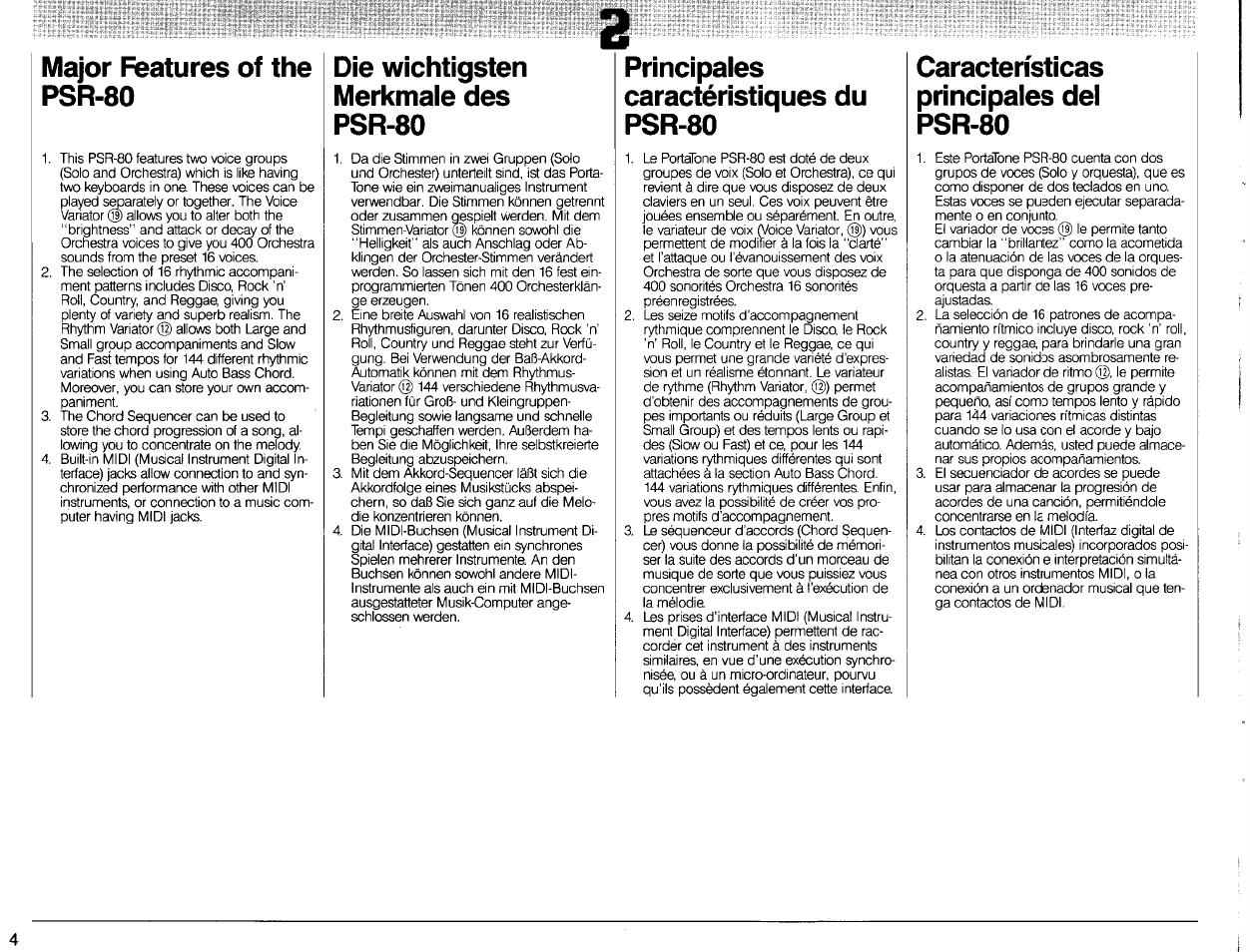 Major features of the psr-80, Die wichtigsten merkmale des psr-80, Principales caractéristiques du psr-80 | Características principales del psr-80 | Yamaha Portatone PSR-80 User Manual | Page 6 / 35