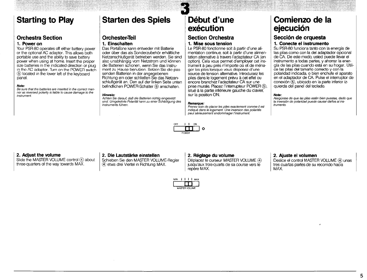Starting to play, Orchestra section, Power on | Starten des spiels, Orchester-teil, Einschalten, Début d’une exécution, Section orchestra, Mise sous tension, Comienzo de la ejecución | Yamaha Portatone PSR-80 User Manual | Page 7 / 35