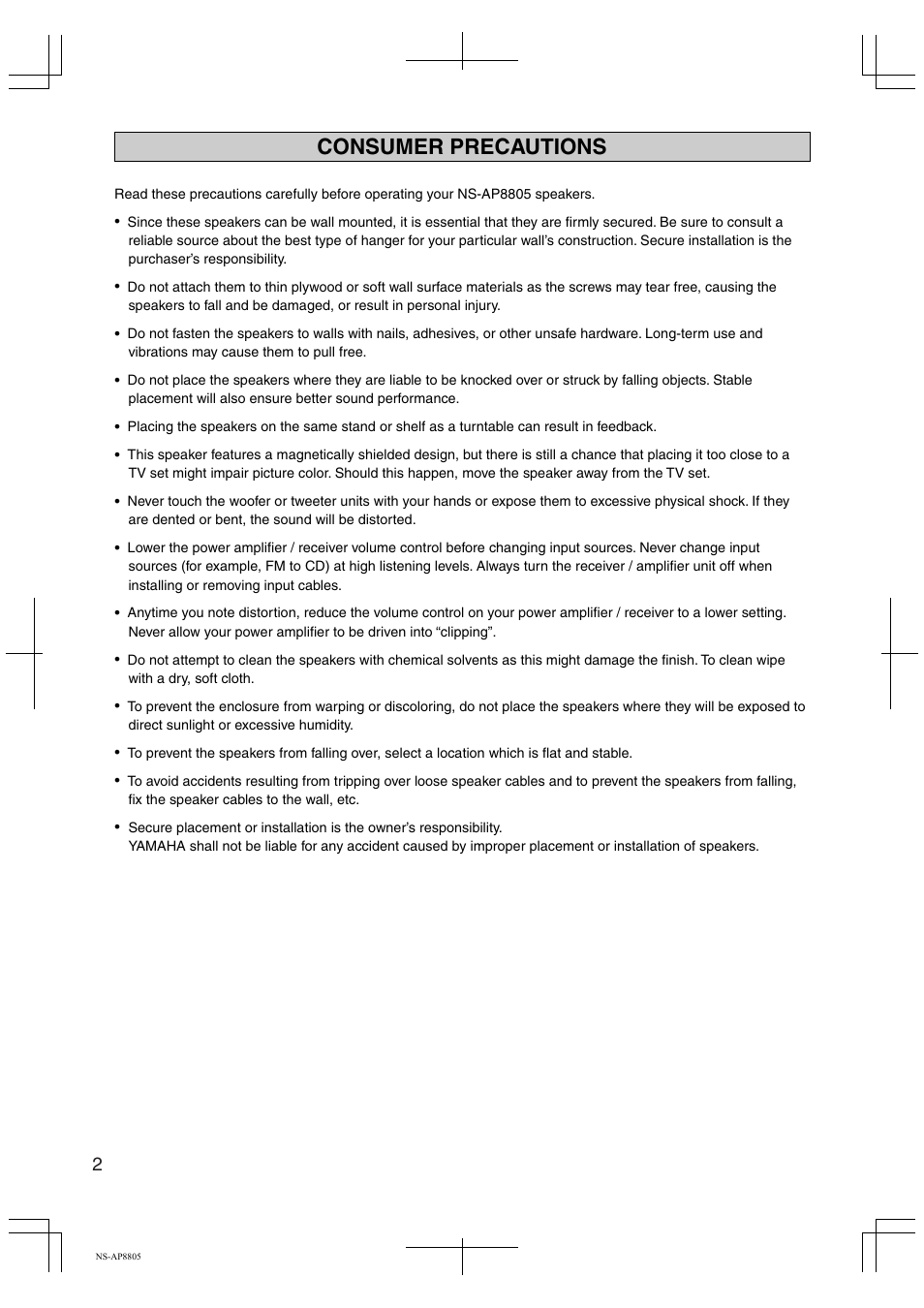 Consumer precautions | Yamaha NS-AP8805 User Manual | Page 2 / 8