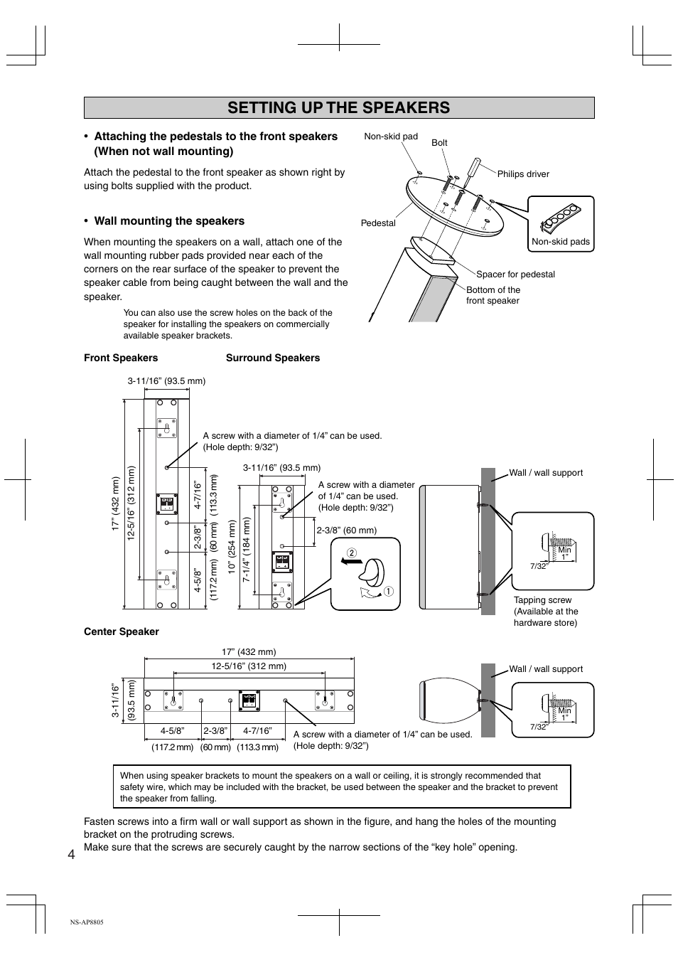 Setting up the speakers, Wall mounting the speakers | Yamaha NS-AP8805 User Manual | Page 4 / 8