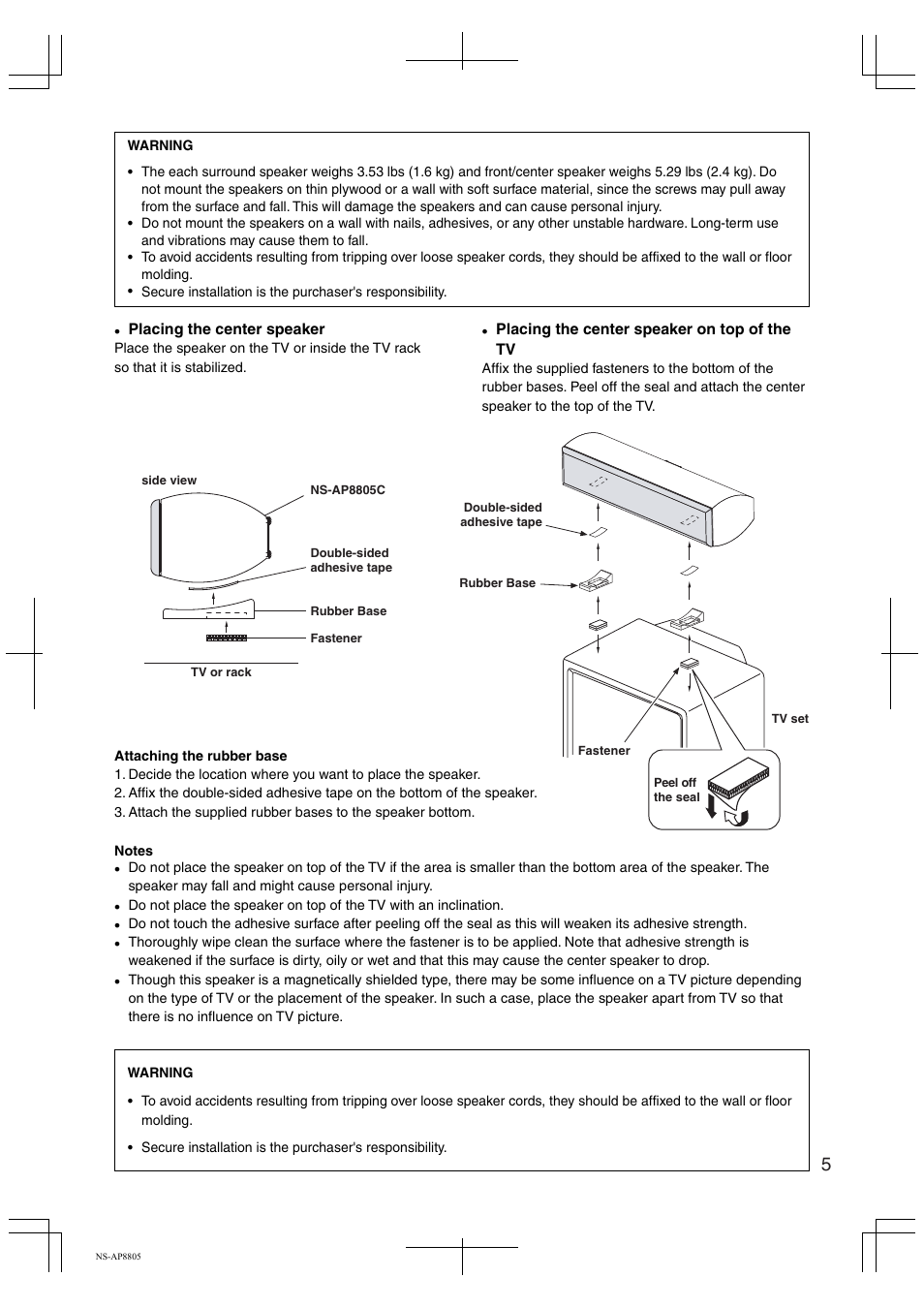 Placing the center speaker, Placing the center speaker on top of the tv | Yamaha NS-AP8805 User Manual | Page 5 / 8