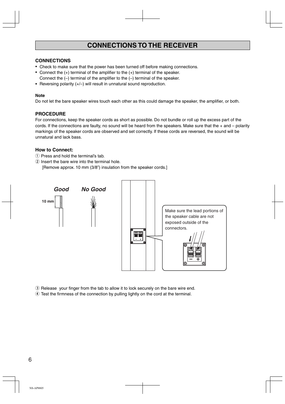 Connections to the receiver, No good, Good | Yamaha NS-AP8805 User Manual | Page 6 / 8