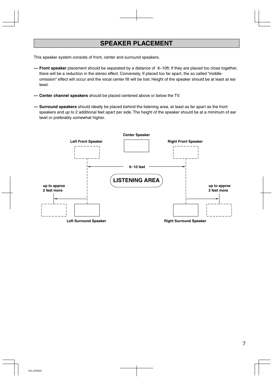 Speaker placement, Listening area | Yamaha NS-AP8805 User Manual | Page 7 / 8
