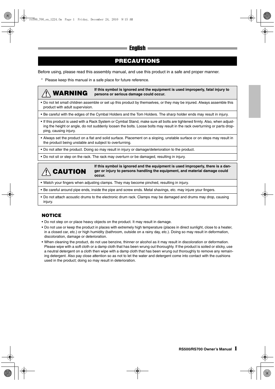 Precautions, English, Warning | Caution | Yamaha DTX RS700 User Manual | Page 3 / 10