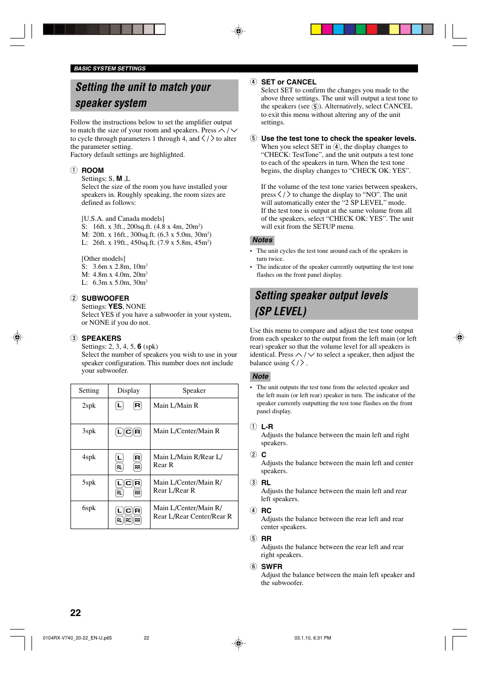 Setting the unit to match your speaker system, Setting speaker output levels (sp level) | Yamaha RX-V740 User Manual | Page 26 / 71