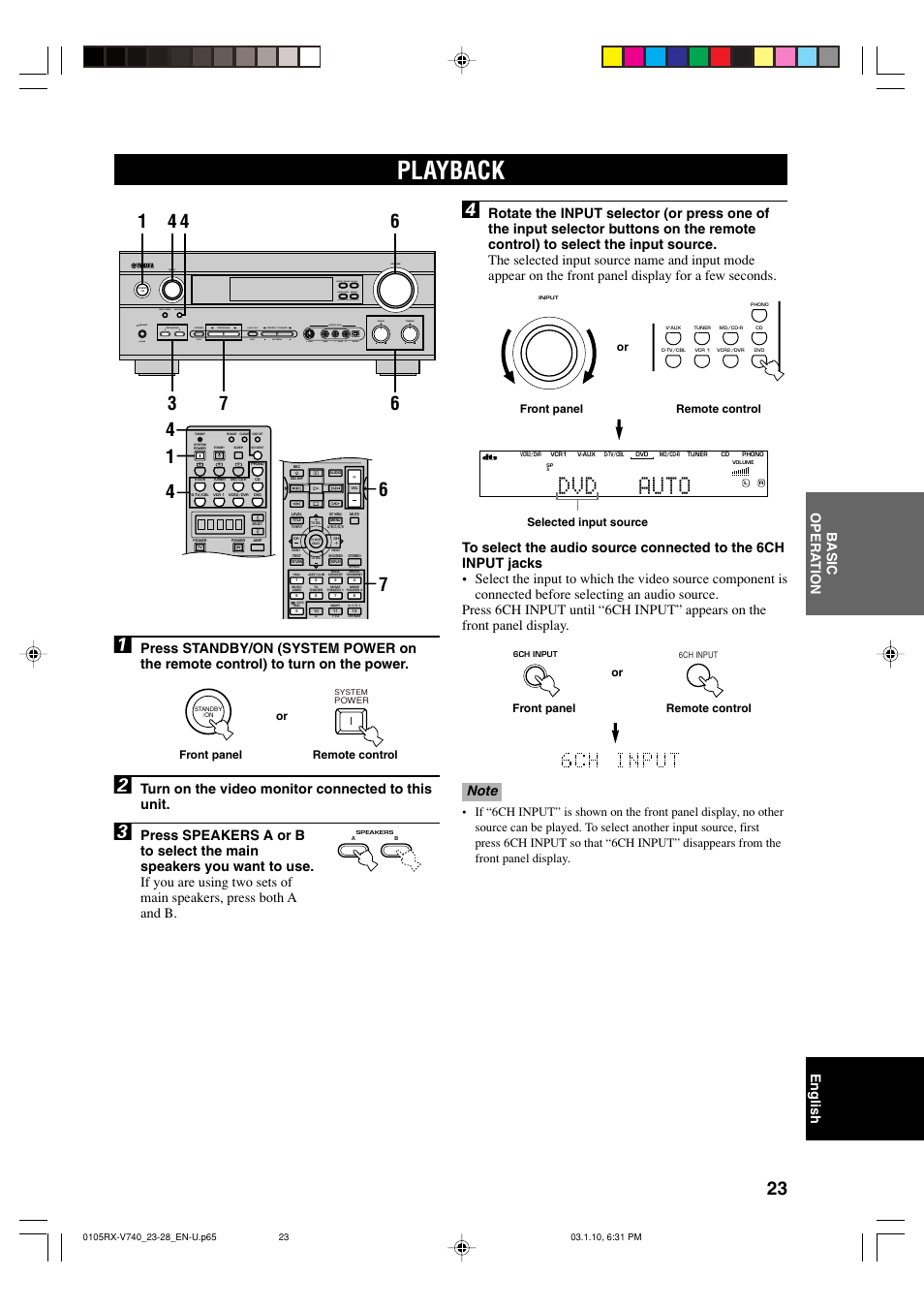 Basic operation, Playback, Dvd auto | English, Basic opera tion, Turn on the video monitor connected to this unit, Remote control front panel or | Yamaha RX-V740 User Manual | Page 27 / 71