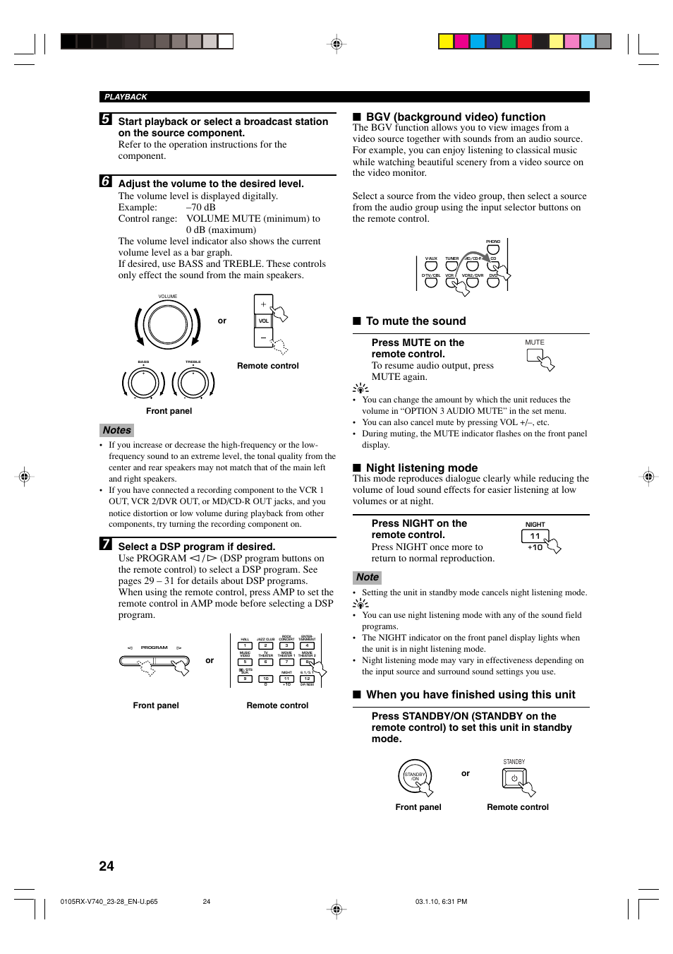 Bgv (background video) function, Night listening mode, When you have finished using this unit | Yamaha RX-V740 User Manual | Page 28 / 71