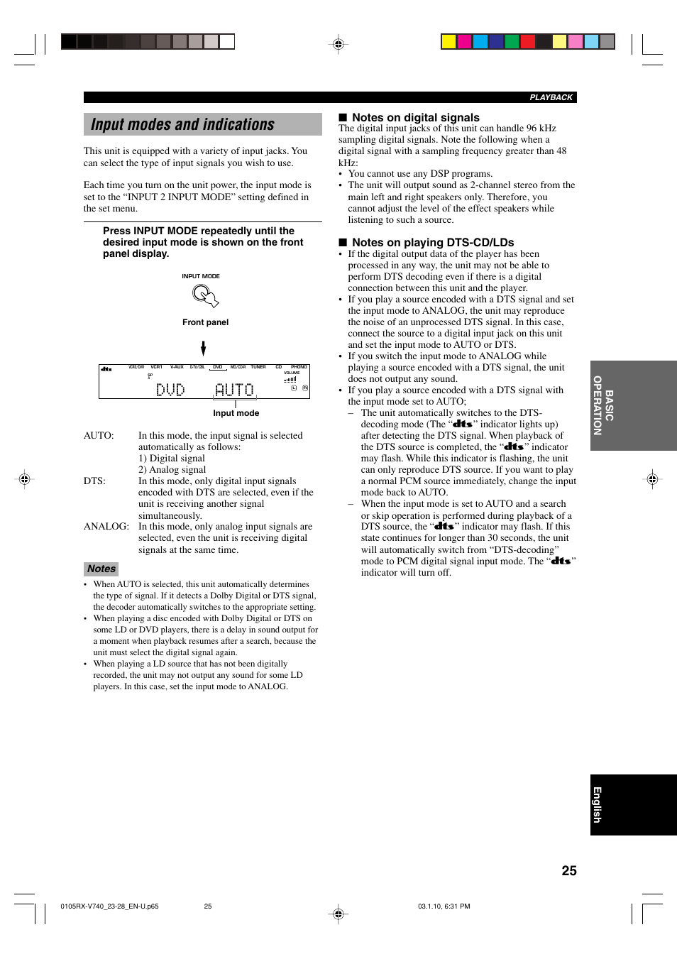 Input modes and indications, Dvd auto | Yamaha RX-V740 User Manual | Page 29 / 71