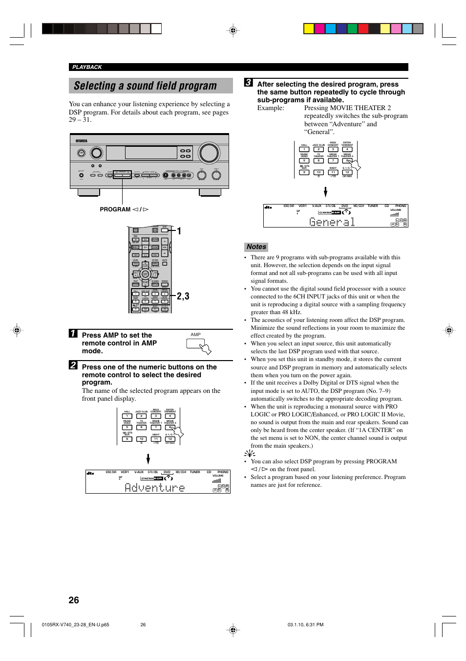 Selecting a sound field program, Adventure, General | Press amp to set the remote control in amp mode, Set menu next, Program l / h, Playback | Yamaha RX-V740 User Manual | Page 30 / 71