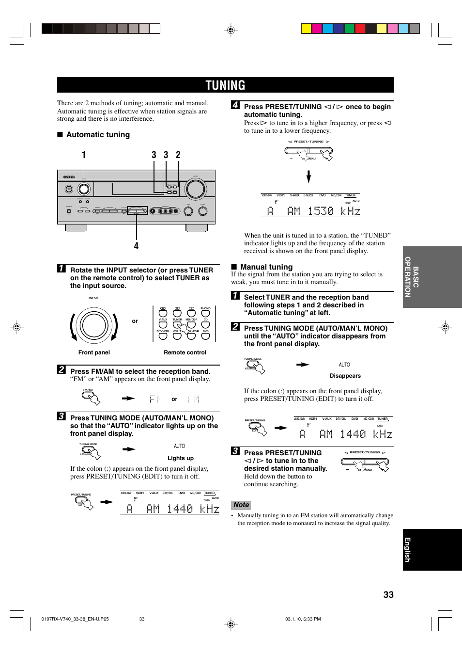 Tuning, Aam 1440 khz, Aam 1530 khz | Manual tuning, Automatic tuning | Yamaha RX-V740 User Manual | Page 37 / 71