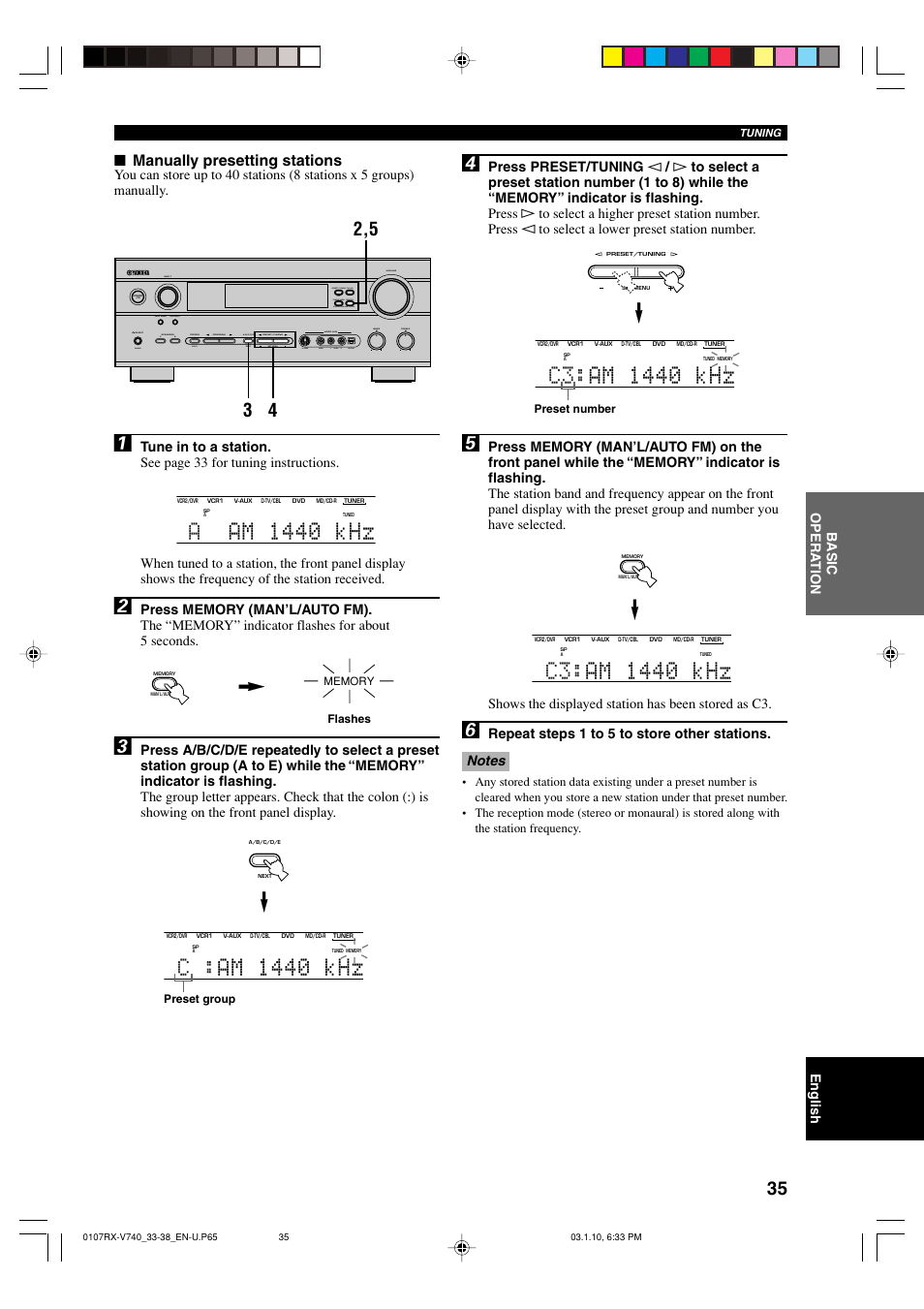 C : am 1440 khz, Aam 1440 khz, Manually presetting stations | Yamaha RX-V740 User Manual | Page 39 / 71