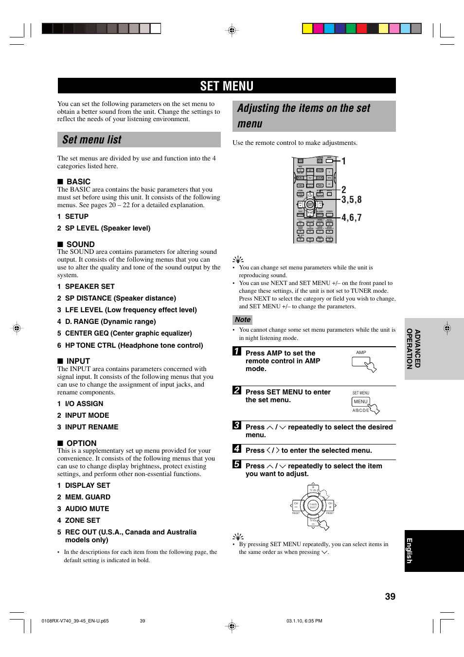 Advanced operation, Set menu, Set menu list | Adjusting the items on the set menu, Basic, Sound, Input, Option, English ad v anced opera tion, Use the remote control to make adjustments | Yamaha RX-V740 User Manual | Page 43 / 71