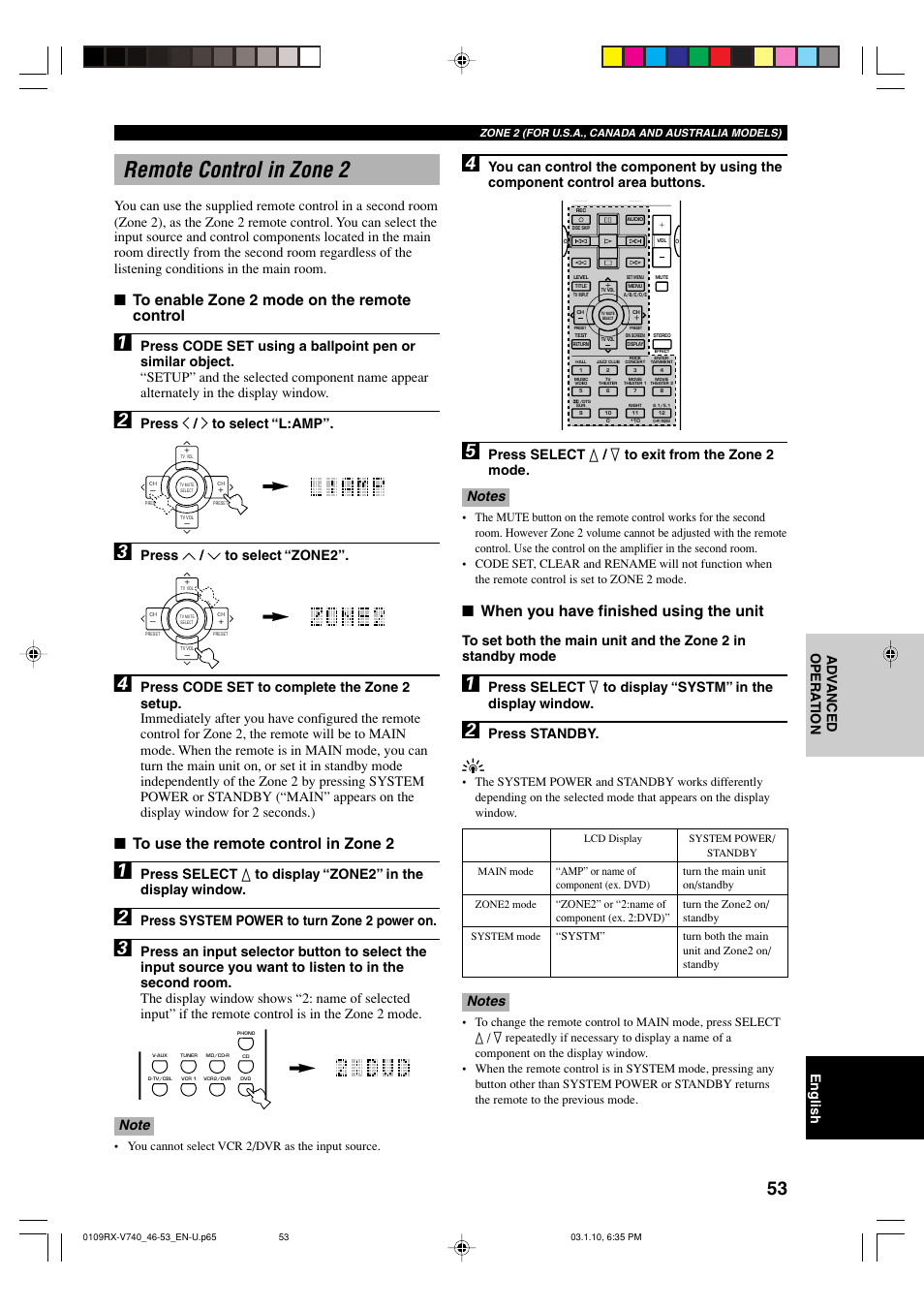 Remote control in zone 2, When you have finished using the unit, English ad v anced opera tion | Press standby, Press j / i to select “l:amp, Press u / d to select “zone2, Press system power to turn zone 2 power on | Yamaha RX-V740 User Manual | Page 57 / 71