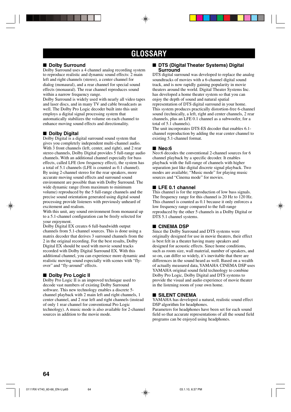 Glossary | Yamaha RX-V740 User Manual | Page 68 / 71