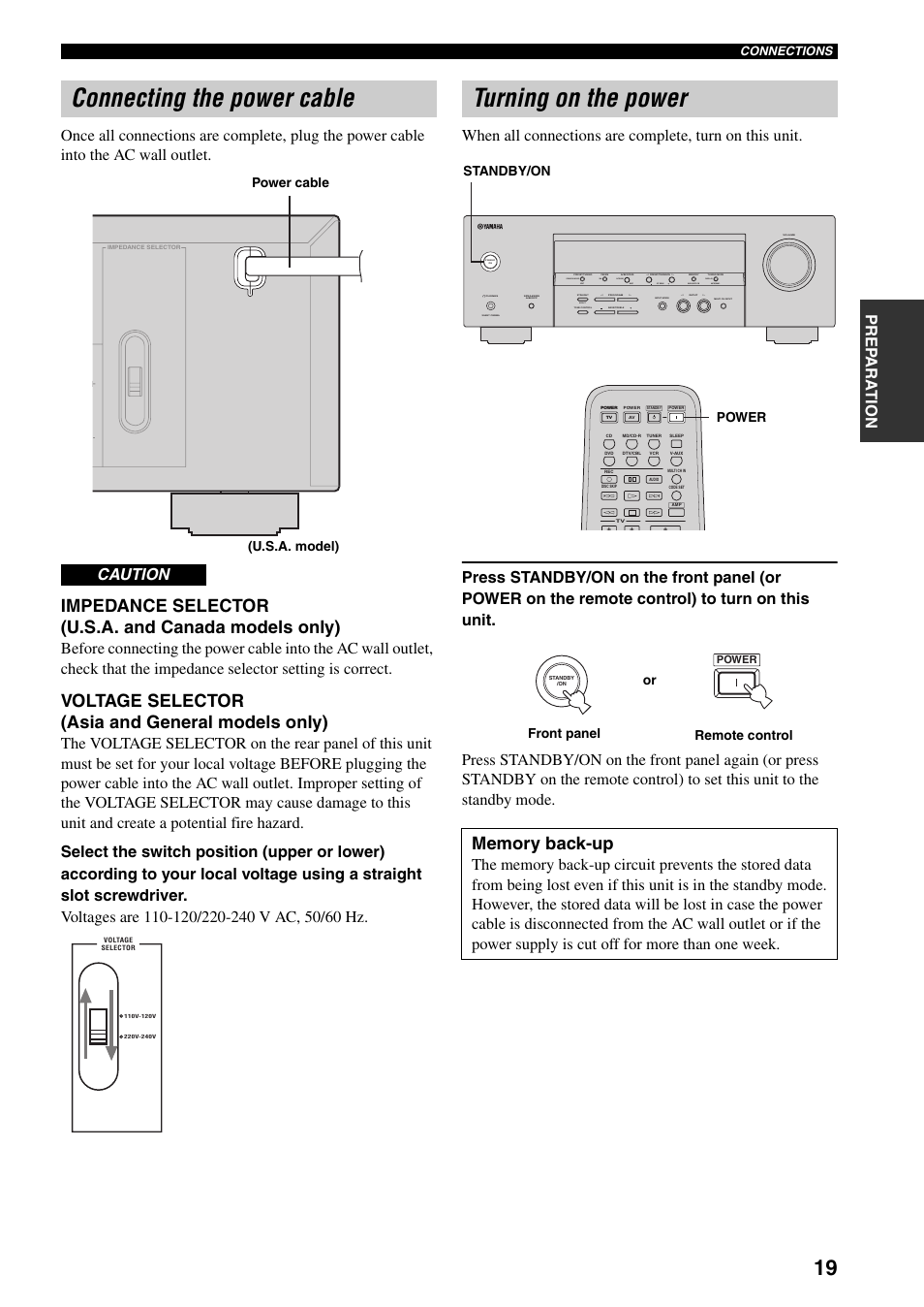 Connecting the power cable, Turning on the power, Connecting the power cable turning on the power | Impedance selector (u.s.a. and canada models only), Voltage selector (asia and general models only), Caution, Next auto/man'l man'l/auto fm, Effect, Edit, Set menu search mode xm category display | Yamaha HTR-5930 User Manual | Page 23 / 74