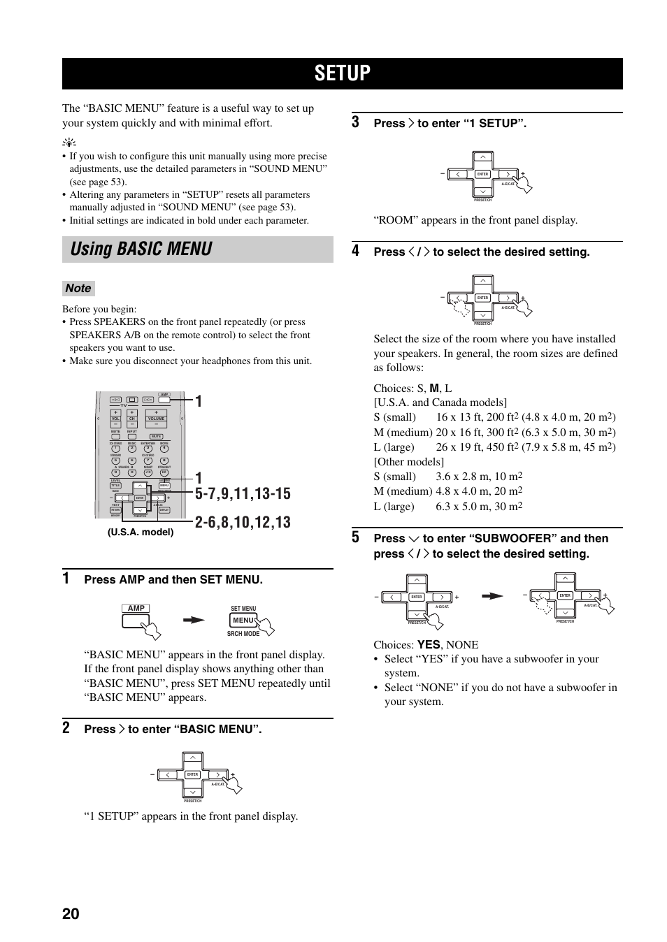 Setup, Using basic menu | Yamaha HTR-5930 User Manual | Page 24 / 74