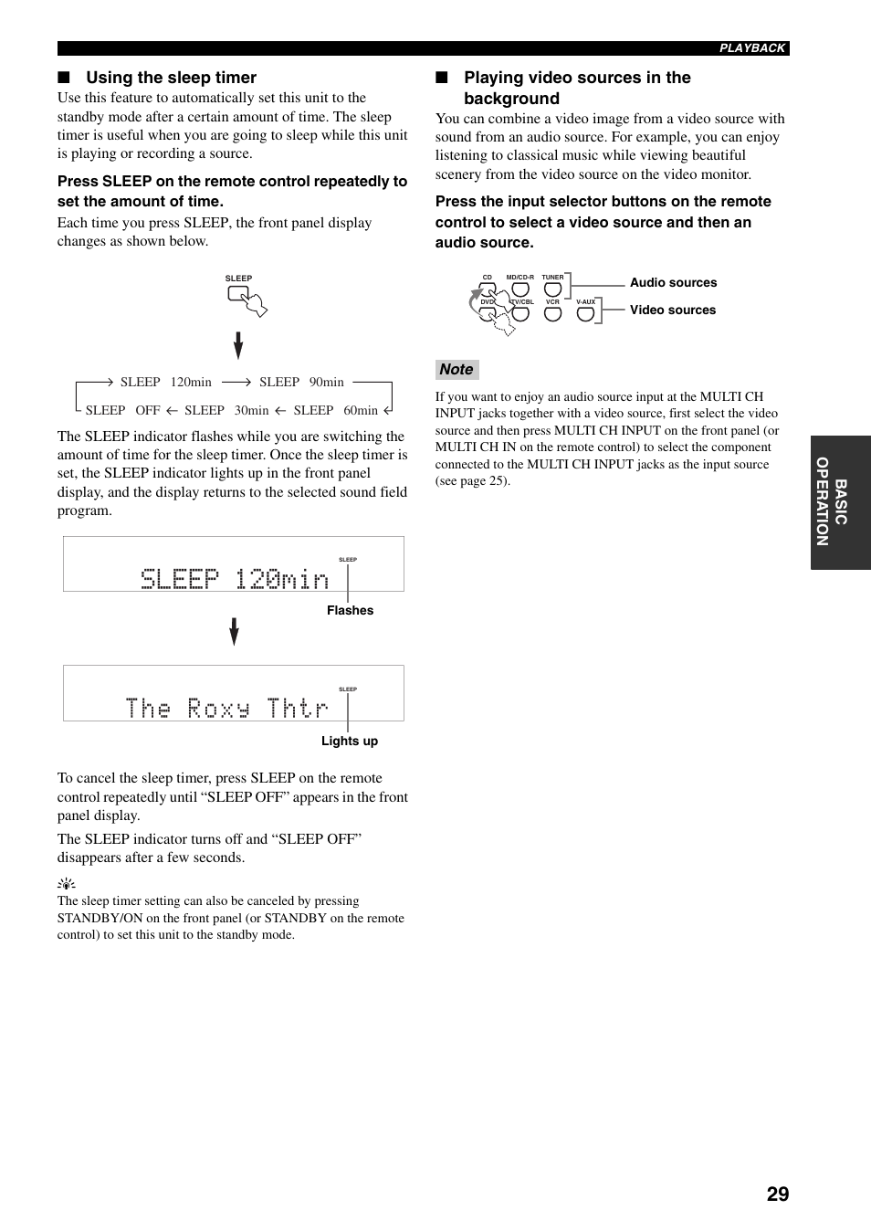 Sleep 120min, The roxy thtr, Using the sleep timer | Playing video sources in the background | Yamaha HTR-5930 User Manual | Page 33 / 74