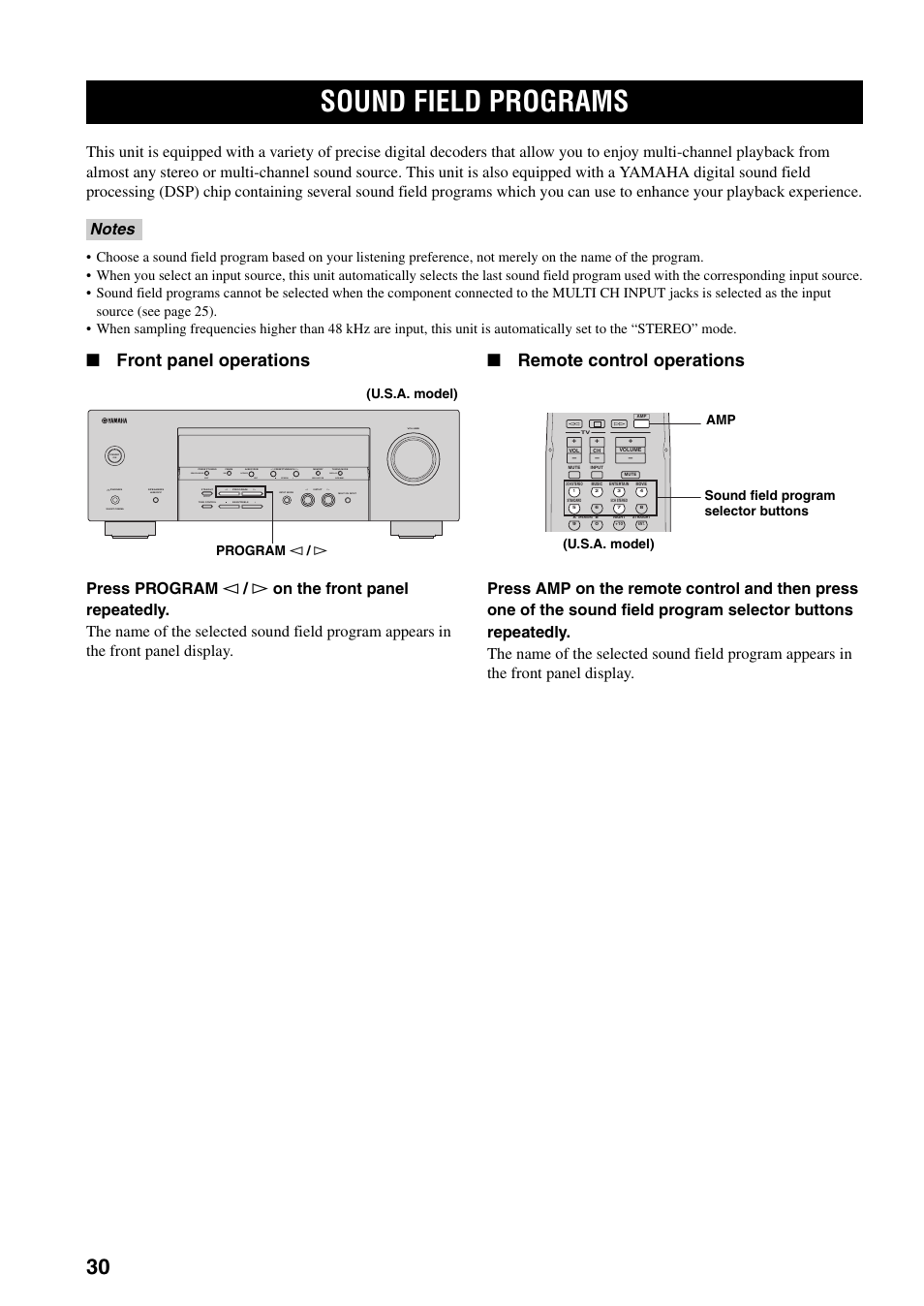 Sound field programs, Front panel operations, Remote control operations | Next auto/man'l man'l/auto fm, Effect, Edit, Set menu search mode xm category display, U.s.a. model) program l / h | Yamaha HTR-5930 User Manual | Page 34 / 74