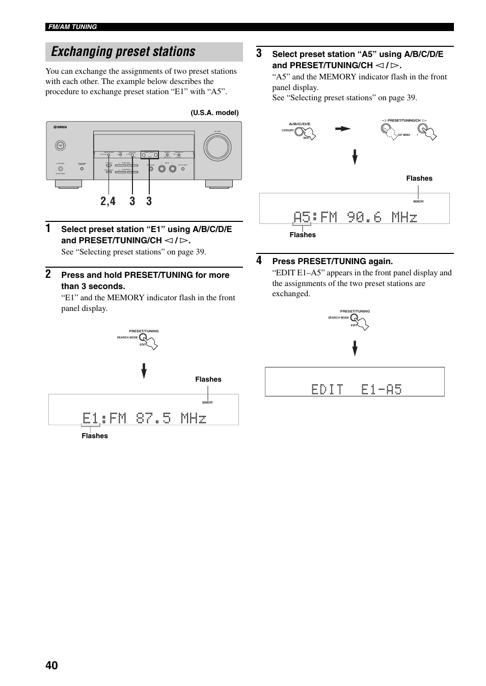 Exchanging preset stations, E1 fm 87.5 mhz, A5 fm 90.6 mhz | Edit e1-a5 | Yamaha HTR-5930 User Manual | Page 44 / 74