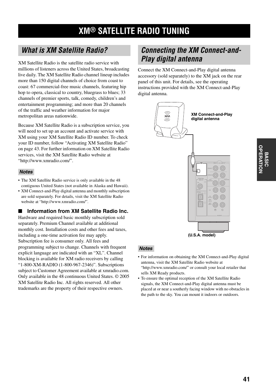 Xm® satellite radio tuning, What is xm satellite radio, Digital antenna | Satellite radio tuning, Information from xm satellite radio inc | Yamaha HTR-5930 User Manual | Page 45 / 74