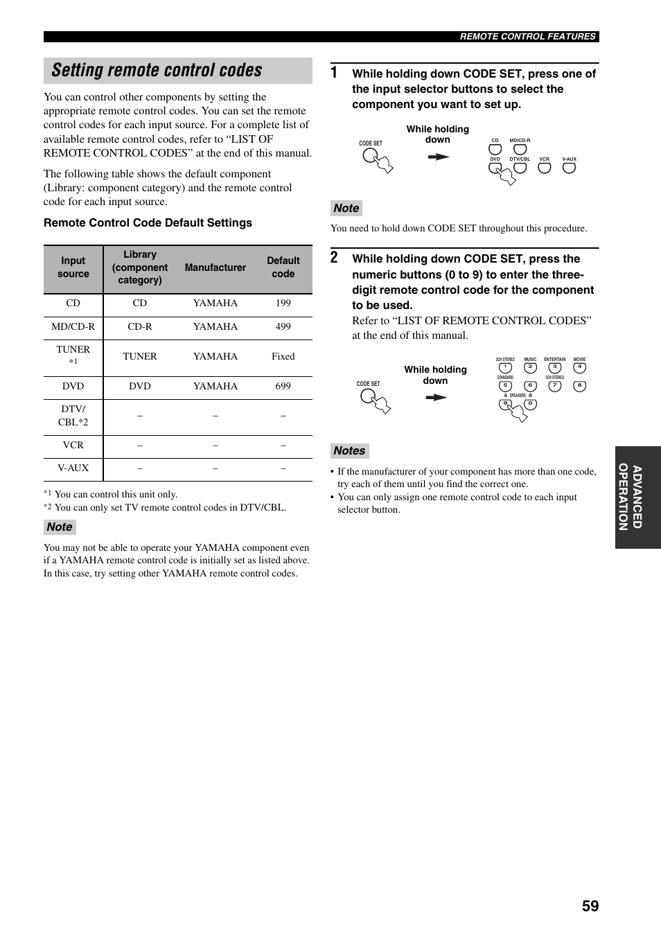 Setting remote control codes | Yamaha HTR-5930 User Manual | Page 63 / 74