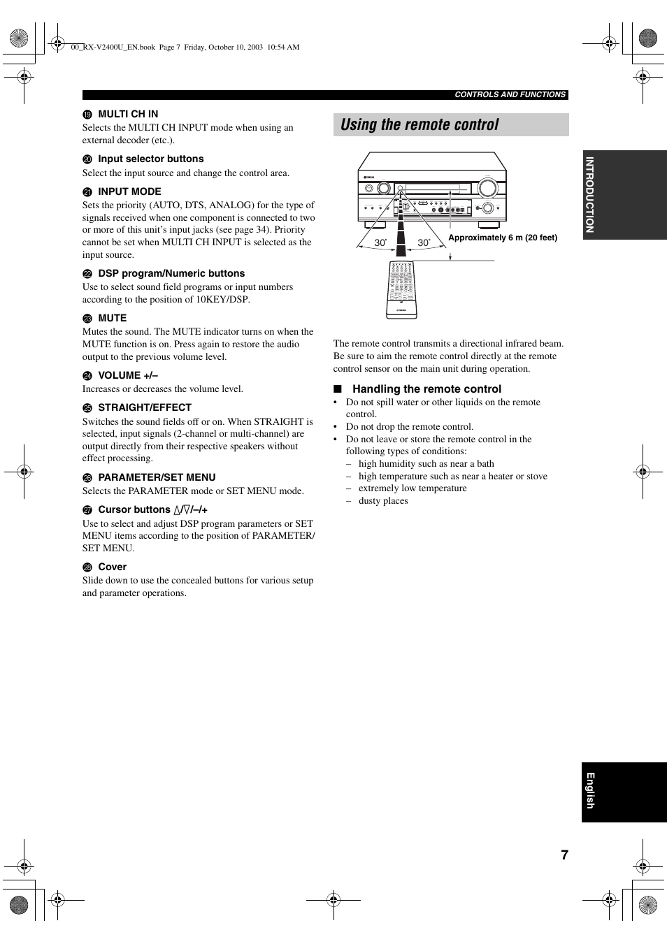 Using the remote control | Yamaha RX-V2400 User Manual | Page 11 / 94