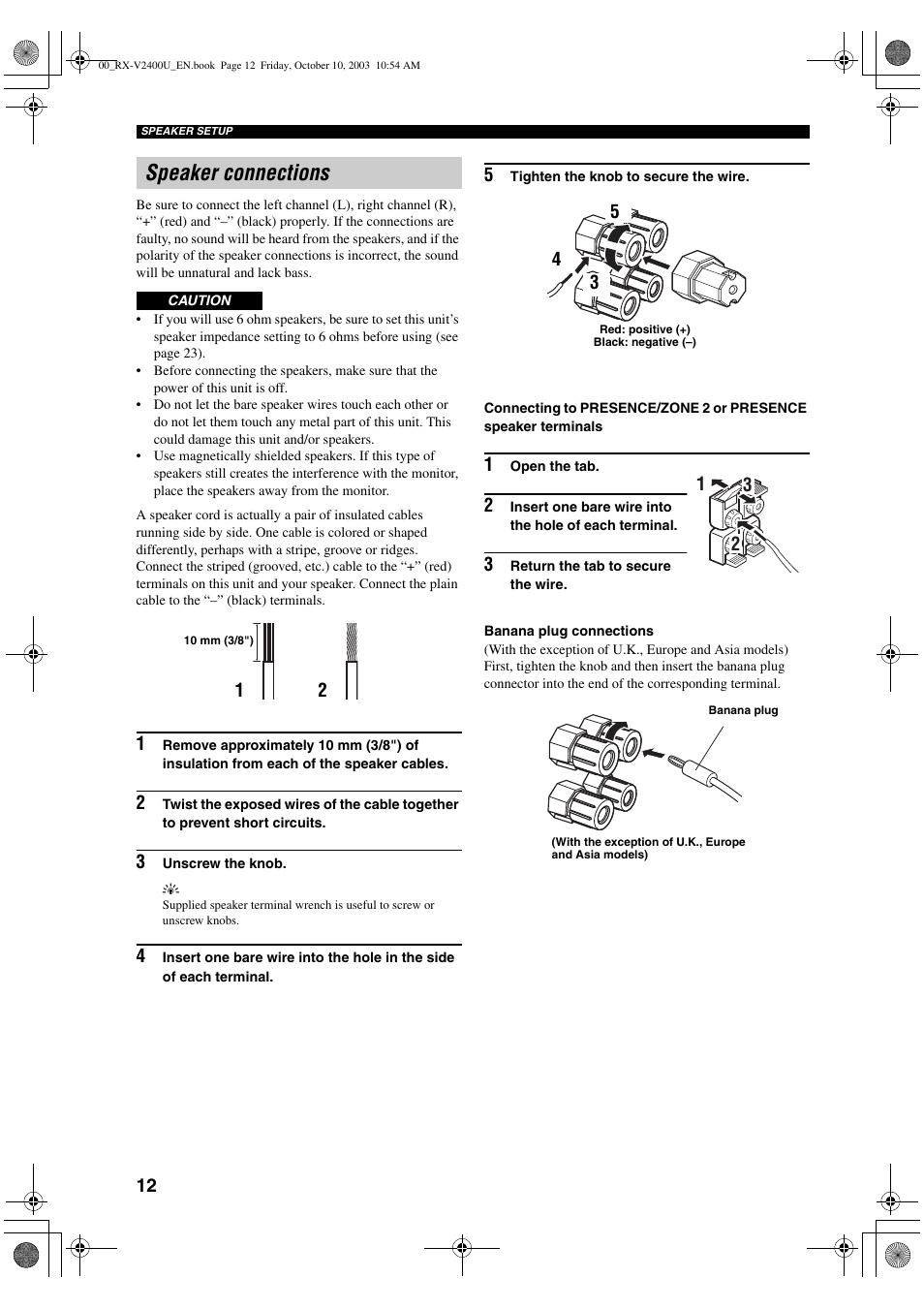 Speaker connections | Yamaha RX-V2400 User Manual | Page 16 / 94