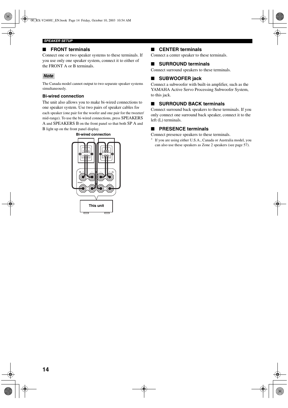 Front terminals, Center terminals, Surround terminals | Subwoofer jack, Surround back terminals, Presence terminals | Yamaha RX-V2400 User Manual | Page 18 / 94