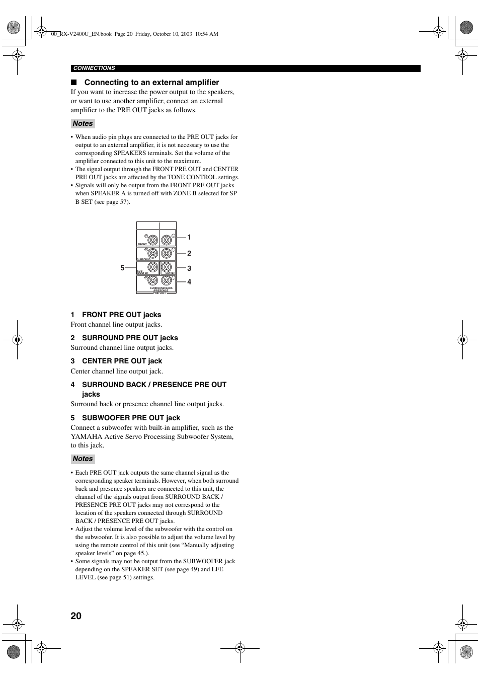 Connecting to an external amplifier | Yamaha RX-V2400 User Manual | Page 24 / 94