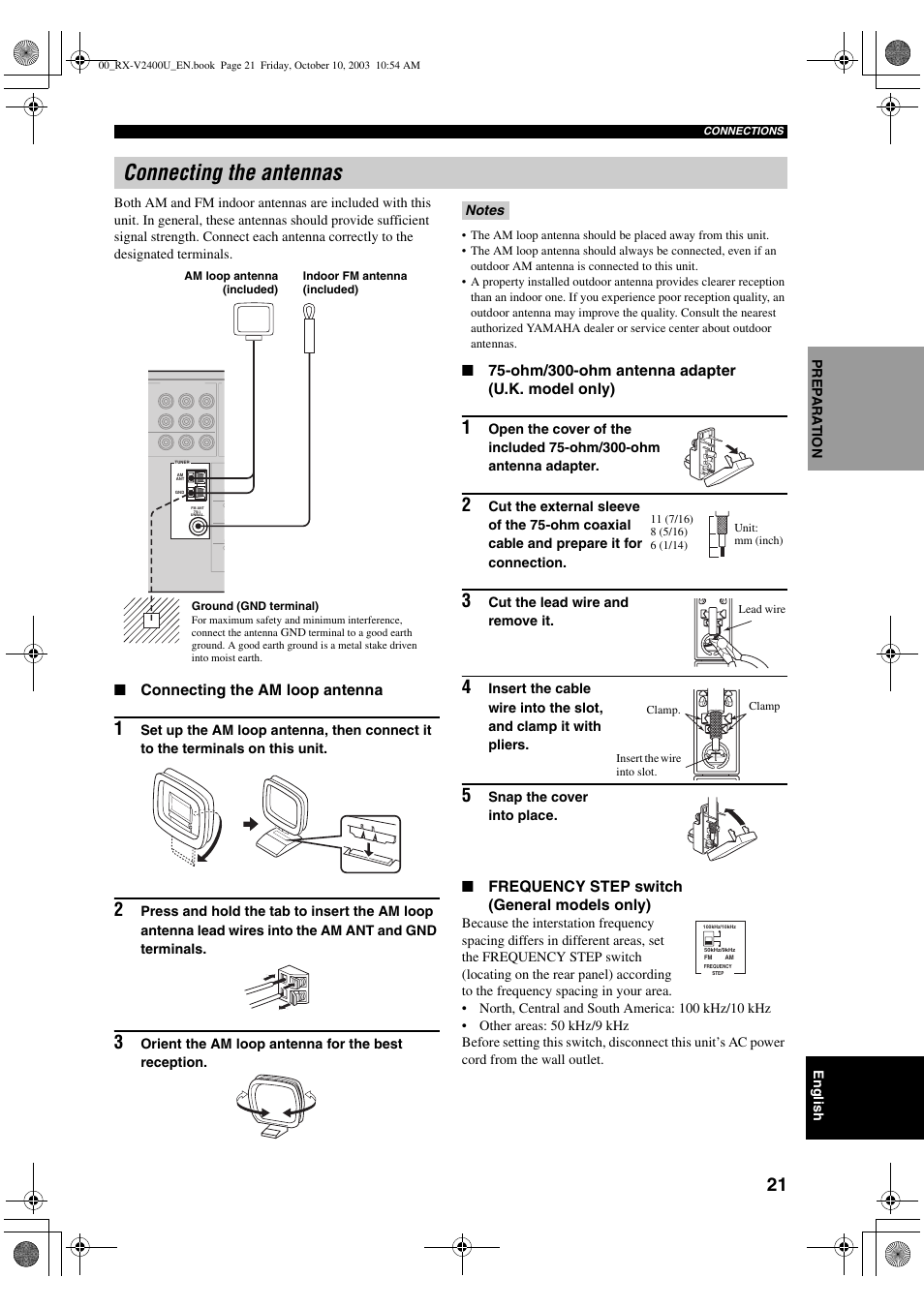 Connecting the antennas, Connecting the am loop antenna, Ohm/300-ohm antenna adapter (u.k. model only) | Frequency step switch (general models only) | Yamaha RX-V2400 User Manual | Page 25 / 94