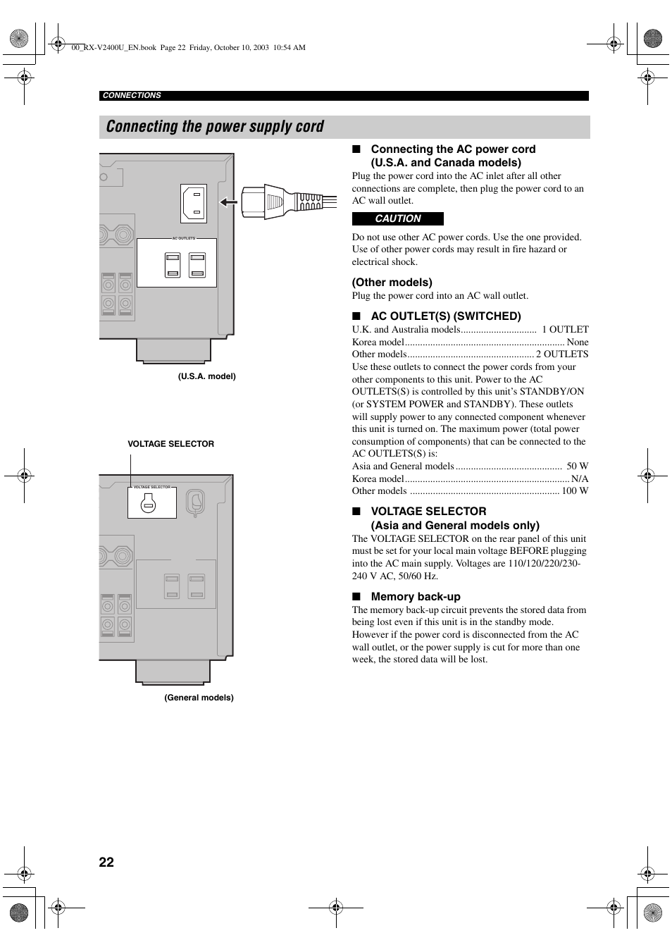 Connecting the power supply cord | Yamaha RX-V2400 User Manual | Page 26 / 94