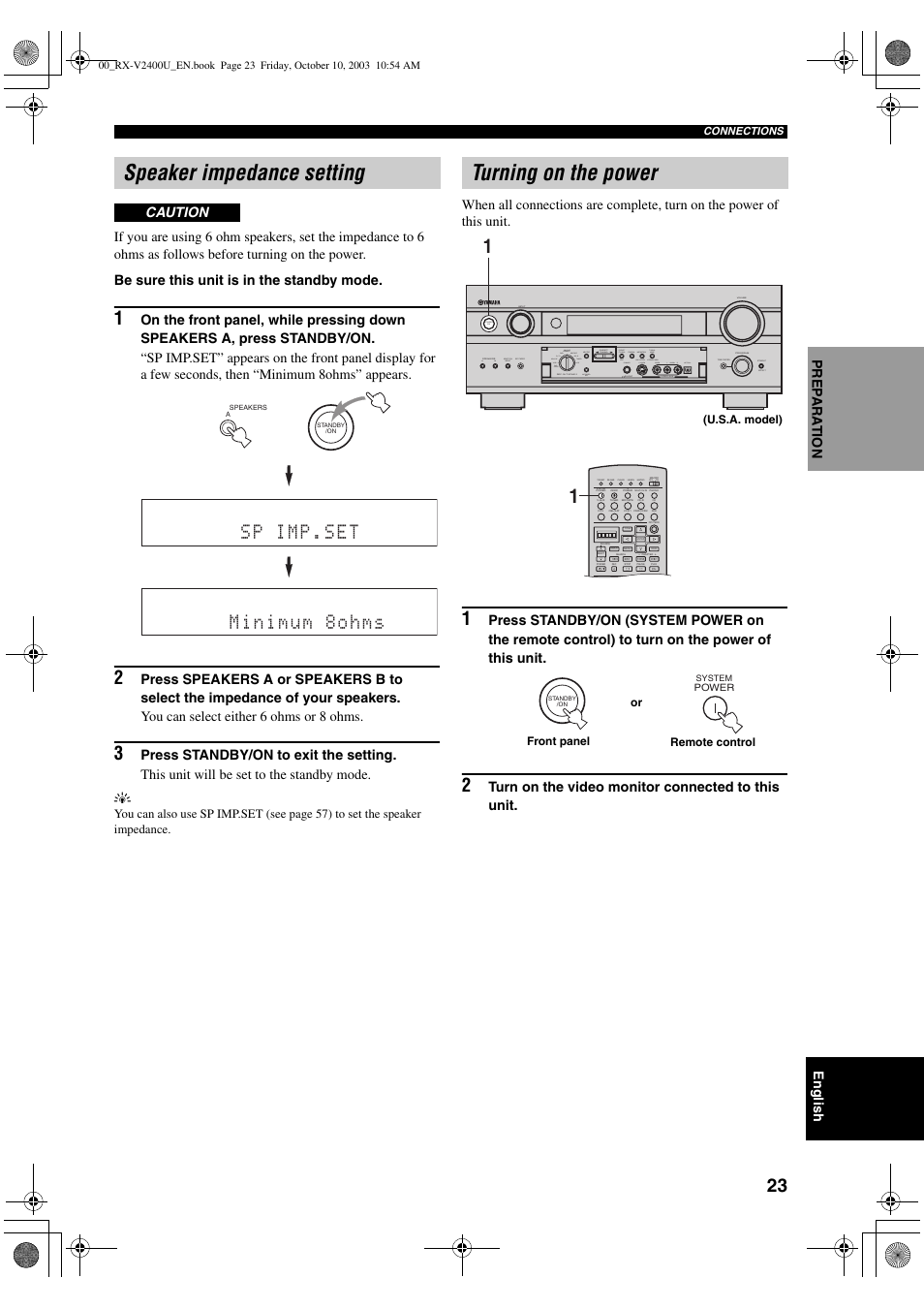 Speaker impedance setting, Turning on the power, Sp imp.set minimum 8ohms | English, Turn on the video monitor connected to this unit, Caution | Yamaha RX-V2400 User Manual | Page 27 / 94