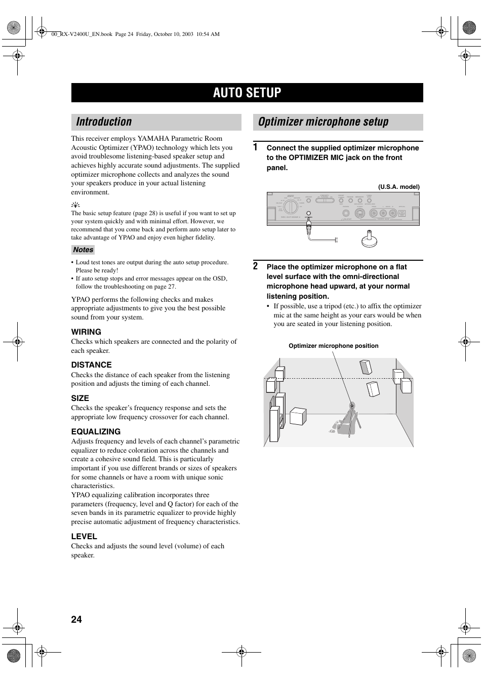 Auto setup, Introduction, Optimizer microphone setup | Wiring, Distance, Size, Equalizing, Level, U.s.a. model) optimizer microphone position | Yamaha RX-V2400 User Manual | Page 28 / 94